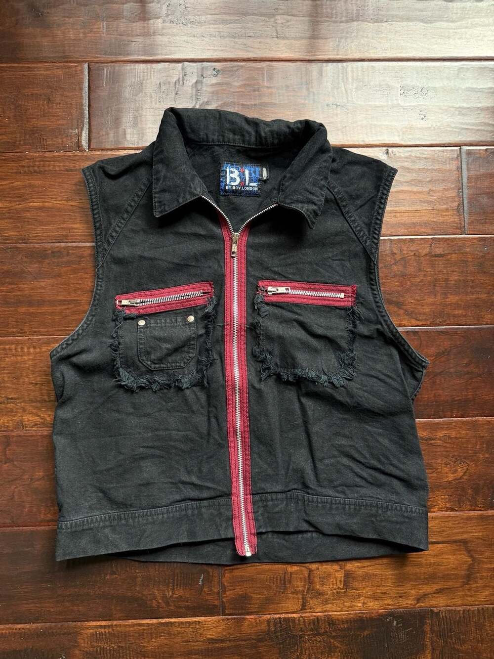 Vintage Boy London Distressed Punk Denim Vest with Red Zipper Detail
